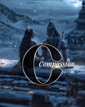 Lord Shiva and Goddess Parvati meditating with the word 'Compassion' overlaid.