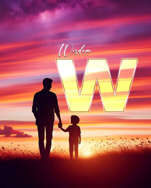 Silhouette of a father and son holding hands against a vibrant sunset with the letter 'W' prominently displayed.