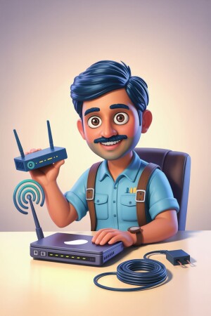 Cartoon illustration of a smiling technician holding a router.