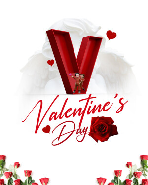 A 3D red letter 'V' with a couple inside, angel wings, and Valentine's Day text with roses.