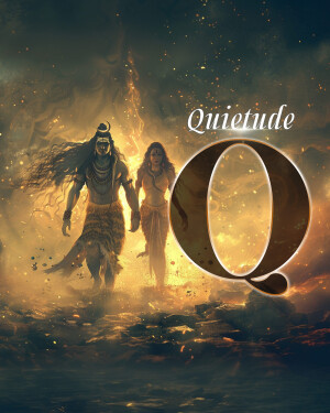 Digital art depicting Lord Shiva and Goddess Parvati walking through a fiery landscape with a large letter 'Q' in the foreground.