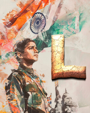 Portrait of an Indian Army soldier with the Indian flag and a golden letter 'L' in the background.