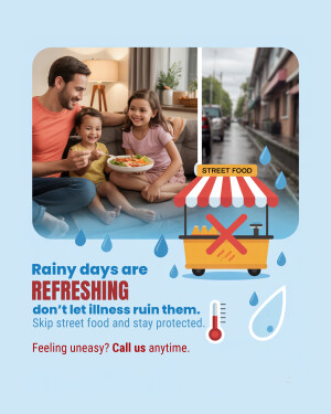 Image depicting a family enjoying a meal indoors with a warning about street food during rainy weather.