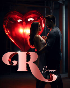 Couple embracing with a large red heart and the letter 'R' in the foreground