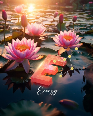 Pink lotus flowers floating on water with a glowing 'E' symbol representing energy.