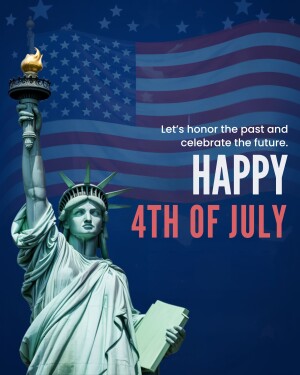 Image of the Statue of Liberty with an American flag background and text wishing a Happy 4th of July.