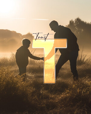 Silhouette of a father and son with a glowing 'Trust' text overlay.