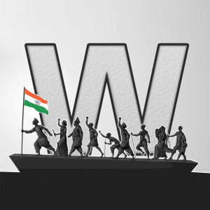A grayscale image depicting a celebration with figures holding the Indian flag in front of a large letter 'W'.
