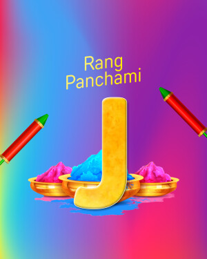 Rang Panchami festival with colorful powder and a large letter J