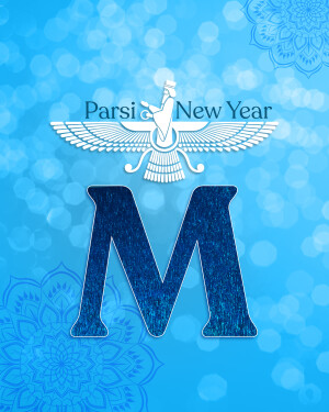 Parsi New Year greeting with Faravahar symbol and letter M