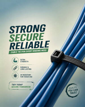 A high-quality blue cable bundle secured with a strong black cable tie against a light background with marketing text