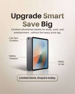 A high-quality image showcasing a certified refurbished tablet with key features like like-new condition, battery checked, and ready to use, aimed at promoting affordable technology.