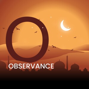 Ramadan crescent moon and silhouette of a city with the letter 'O'