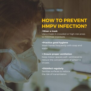 Person wearing a mask with text outlining HMPV prevention tips