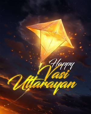 Glowing kite with 'Happy Uttarayan' text against a dramatic sky