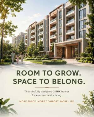 A modern luxury residential apartment building with a family walking in the foreground, showcasing lush greenery and contemporary design.