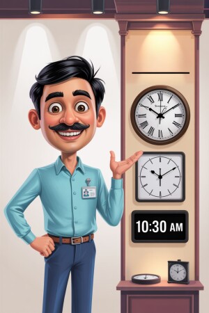Cartoon illustration of a man gesturing towards clocks