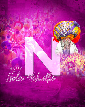 Image depicting a festive Hola Mohalla celebration with Sikh Nihang warriors and a large 'N' letter.