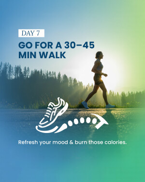 Woman walking outdoors with a shoe print graphic and text promoting a 30-45 minute walk.