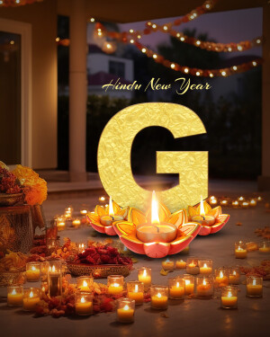 Hindu New Year greeting with golden letter G and lit diyas