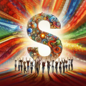 An artistic rendering of the letter 'S' filled with diverse imagery and supported by a group of people.
