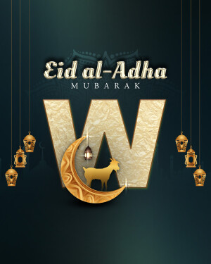 Eid al-Adha Mubarak with Crescent Moon and Goat