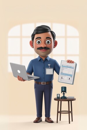 3D rendering of a smiling professional man holding a laptop and documents.