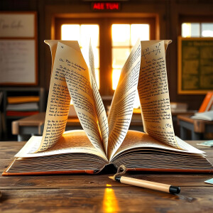 An open book with pages dramatically shaped into the letter 'M', resting on a wooden desk with a pen.