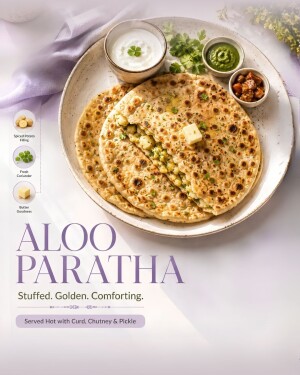 A delicious Aloo Paratha served on a plate with yogurt, green chutney, and spicy pickle, garnished with a dollop of butter.