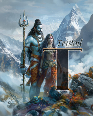 Digital art depicting Lord Shiva and Goddess Parvati with a trident and mountain backdrop.