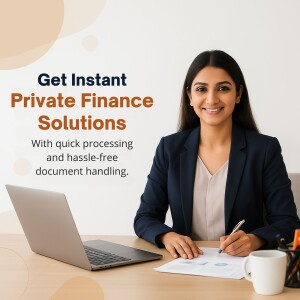 Woman working on laptop with finance documents, promoting private finance solutions.