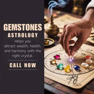 Image depicting gemstones, astrology chart, and a hand with henna, promoting wealth and harmony.