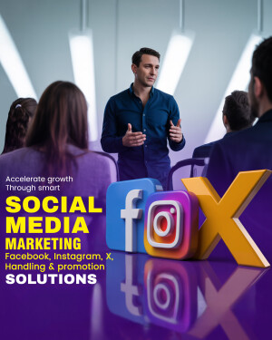Man presenting to a group with social media icons in the foreground.