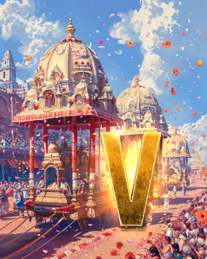 Colorful illustration of a Mysore Dasara procession with a large golden letter V in the foreground.
