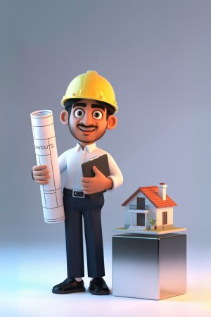 3D rendering of a cartoon architect holding a blueprint and tablet
