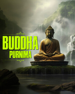 Image of Buddha meditating with 'Buddha Purnima' text overlay