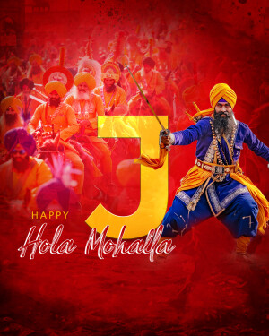 A vibrant digital artwork depicting a Sikh warrior with a large golden 'J' and a crowd celebrating Hola Mohalla.