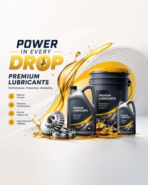 Various containers of premium motor oil lubricants with gear parts and gold oil splash