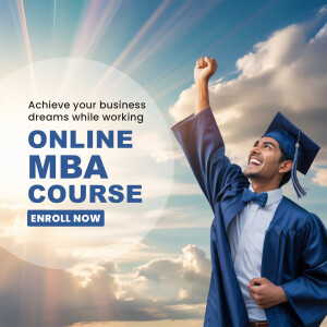 A graduate celebrating success with an Online MBA course promotion.