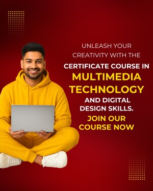 Young man with laptop promoting a multimedia technology course