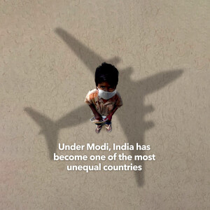 A child looking up at the shadow of an airplane with text about inequality in India.