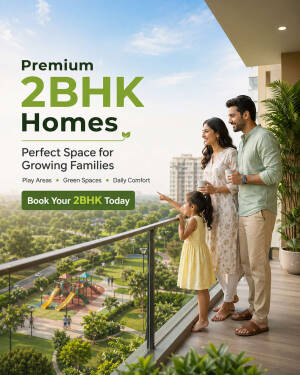 A happy family standing on a balcony overlooking a park and playground, promoting premium 2BHK apartments.