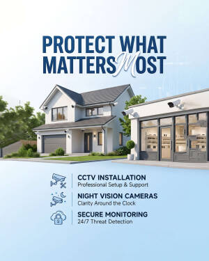 Modern house with installed security surveillance cameras and business features for protection