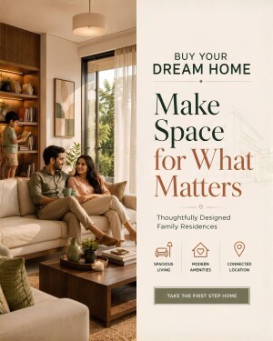 A happy family relaxing in a modern, spacious living room, promoting the sale of thoughtful family residences.