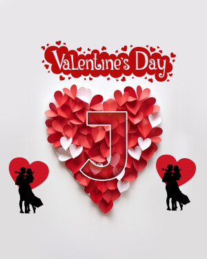 Valentine's Day greeting card with a heart made of paper hearts and the letter J