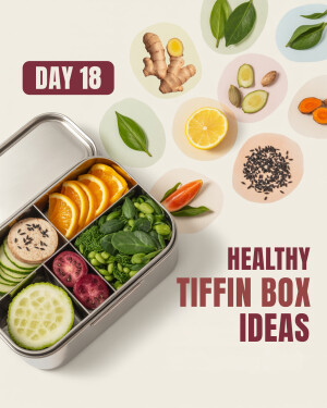 A stainless steel tiffin box filled with colorful and healthy food items, surrounded by ingredients like ginger, lemon, and seeds.