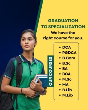 A young woman with a backpack holding books, promoting graduation and specialization courses.