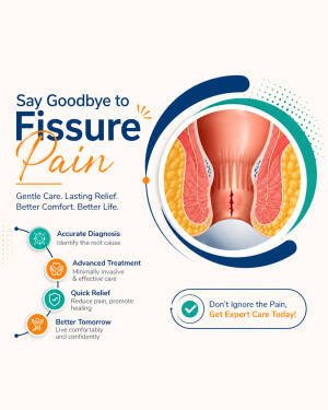 Medical illustration showing an anal fissure with treatment steps and relief information