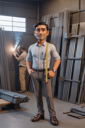 Cartoon illustration of a construction manager in a workshop