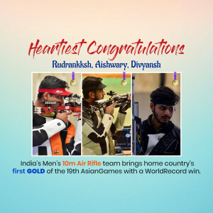 Three Indian shooters celebrating a gold medal win at the Asian Games.